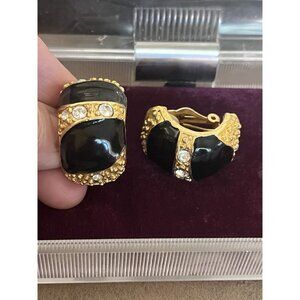 Vtg 80s 90s Mogul Black enamel gold clear crystal clip on earrings Quality
